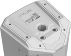 Weatherized portable loudspeaker rear panel with battery/label details, white