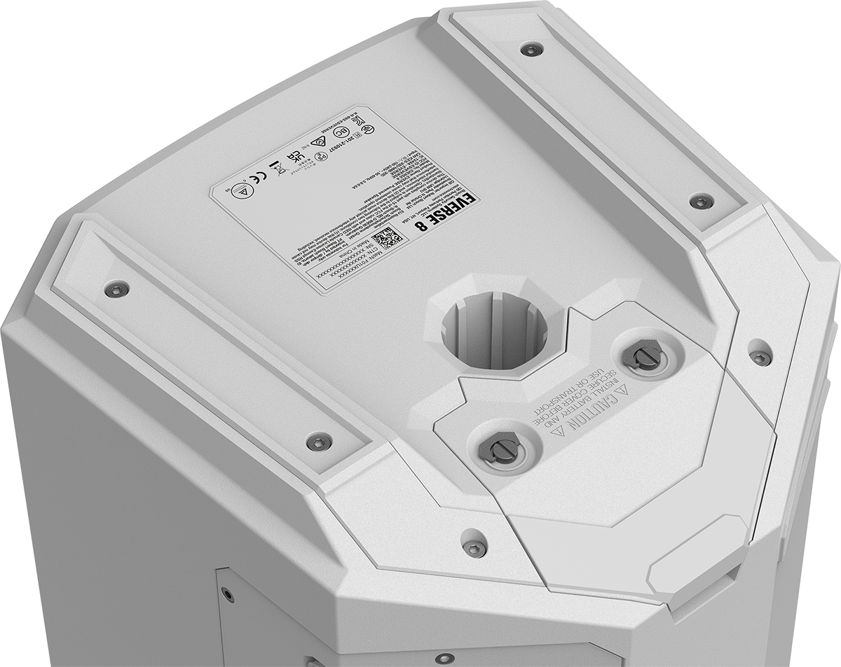 Weatherized portable loudspeaker rear panel with battery/label details, white