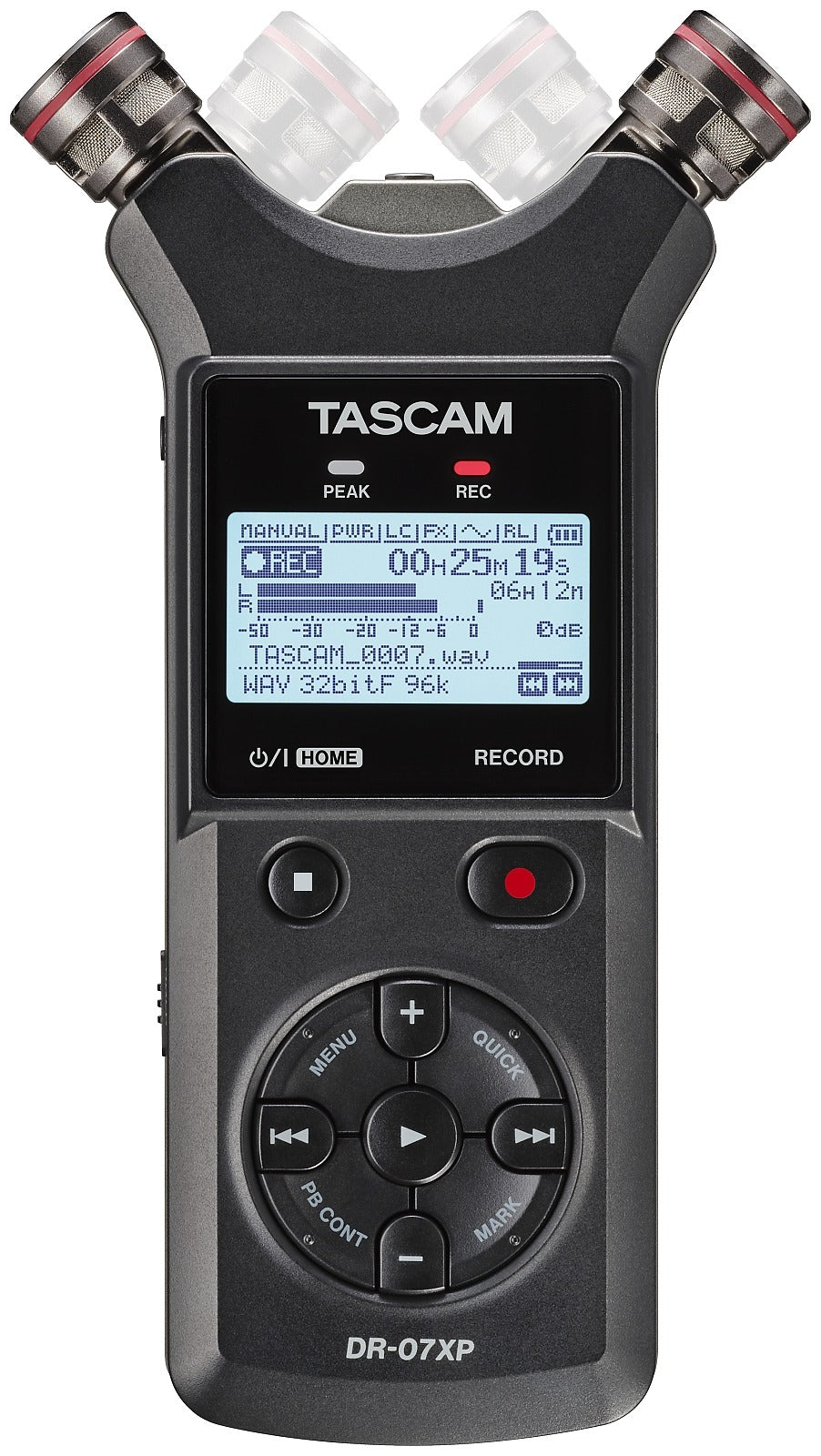 TASCAM DR-07XP handheld stereo audio recorder with dual adjustable mic capsules
