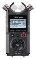 Portable digital audio recorder with TASCAM screen, buttons, and two mic capsules, black.
