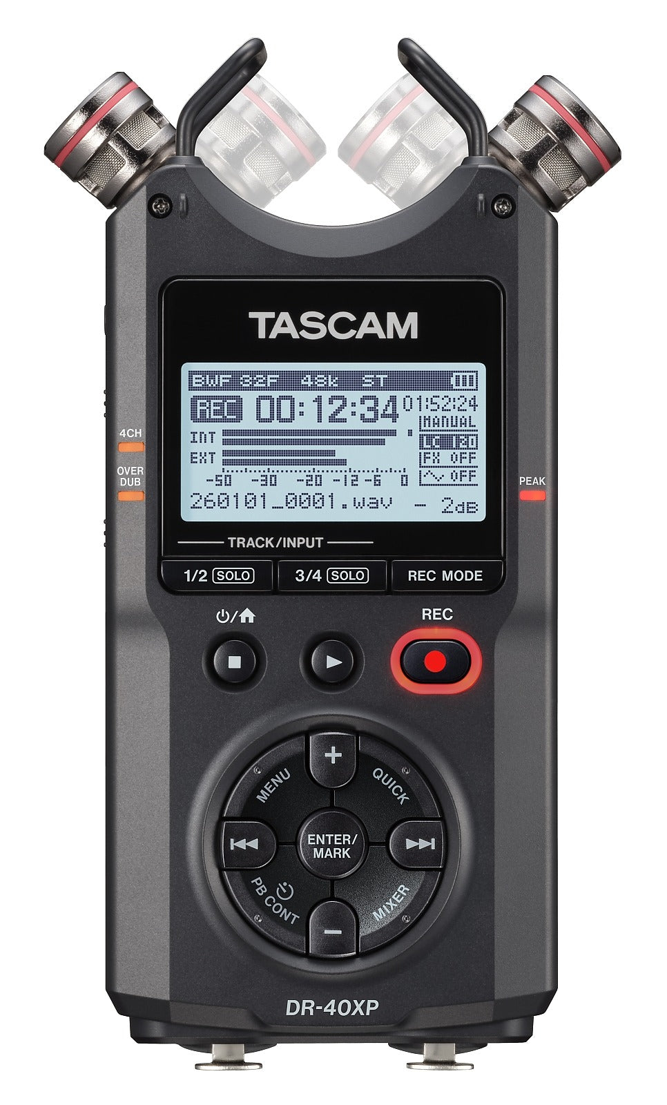 Portable digital audio recorder with TASCAM screen, buttons, and two mic capsules, black.