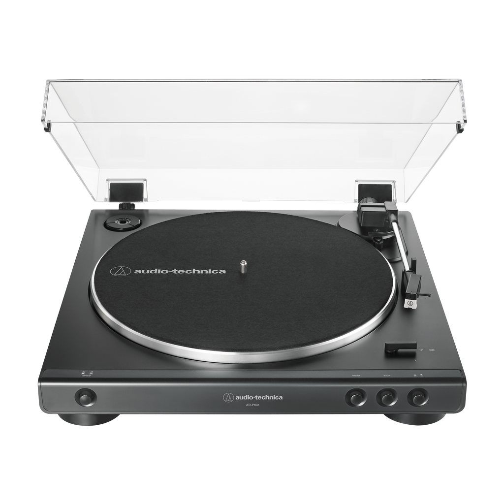 Fully automatic belt-drive turntable, open cover, black platter and front controls