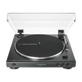 Fully automatic belt-drive turntable, open cover, black platter and front controls