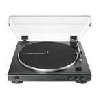 Fully automatic belt-drive turntable, open cover, black platter and front controls
