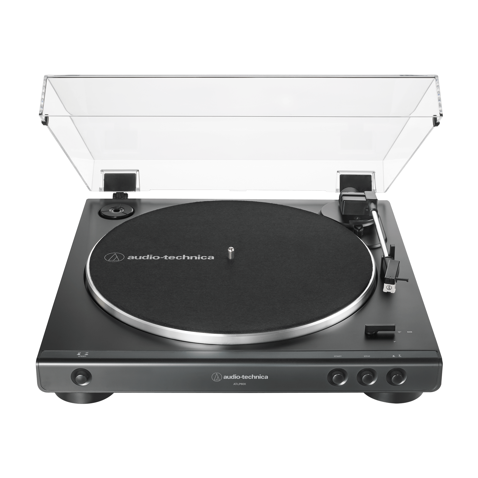 Fully automatic belt-drive turntable, open cover, black platter and front controls