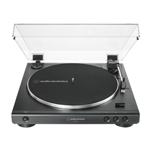 Fully automatic belt-drive turntable, open cover, black platter and front controls