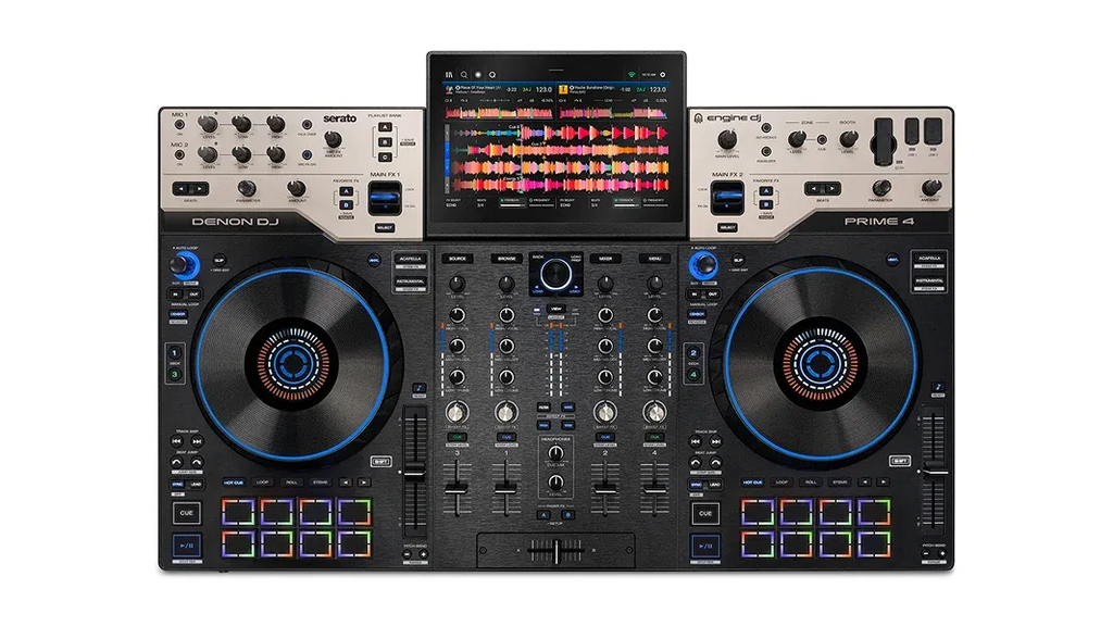 Denon DJ PRIME 4 G2 DJ controller front view with dual jog wheels and mixer section