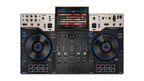Denon DJ PRIME 4 G2 DJ controller front view with dual jog wheels and mixer section