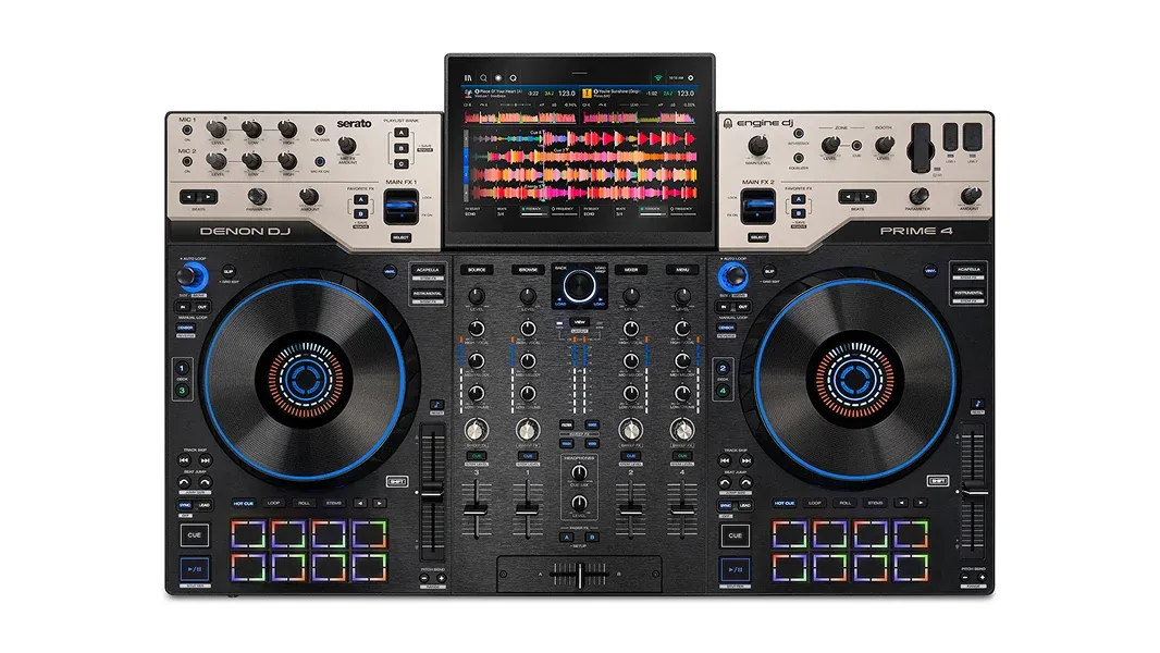 Denon DJ PRIME 4 G2 DJ controller front view with dual jog wheels and mixer section