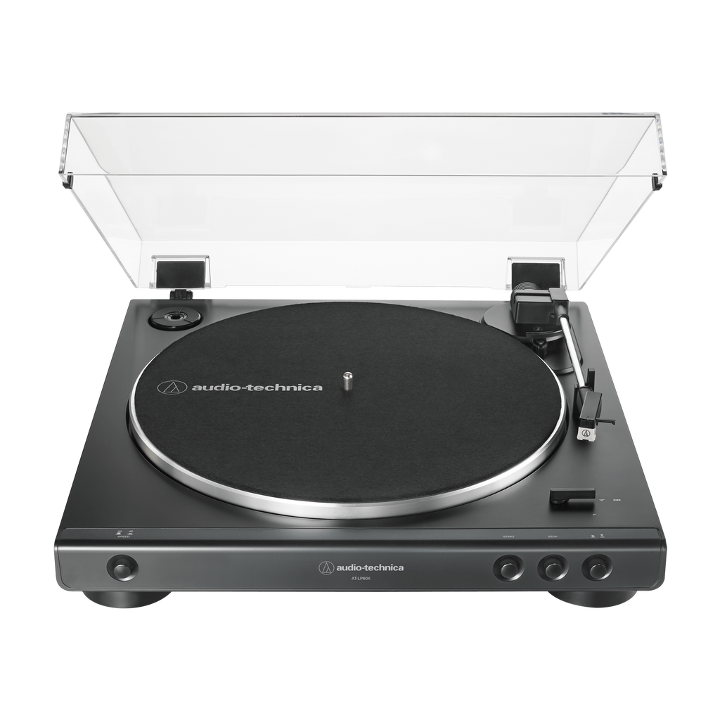 Fully automatic belt-drive turntable with open dust cover, tonearm and black platter