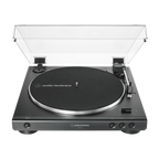 Fully automatic belt-drive turntable with open dust cover, tonearm and black platter
