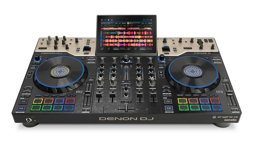 Denon DJ PRIME 4 G2 DJ controller front top-down view with blue-ring jog wheels