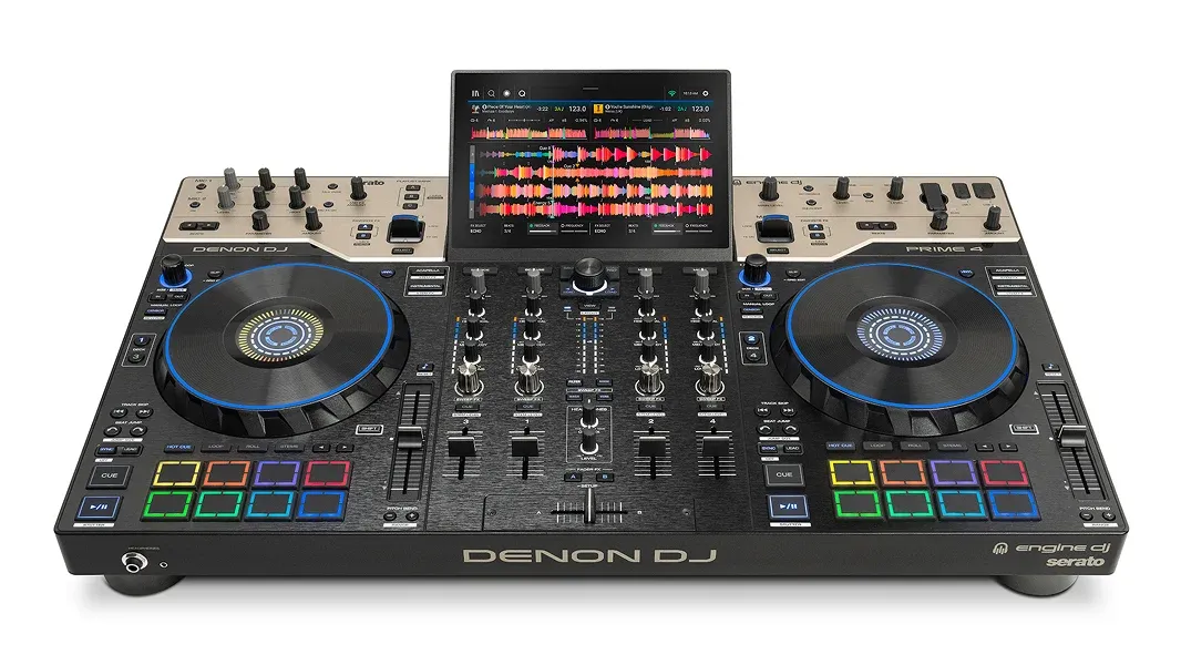 Denon DJ PRIME 4 G2 DJ controller front top-down view with blue-ring jog wheels