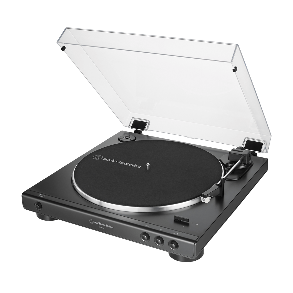 Fully automatic belt-drive turntable with open dust cover and black platter