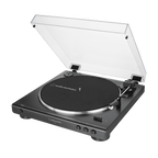 Fully automatic belt-drive turntable with open dust cover and black platter