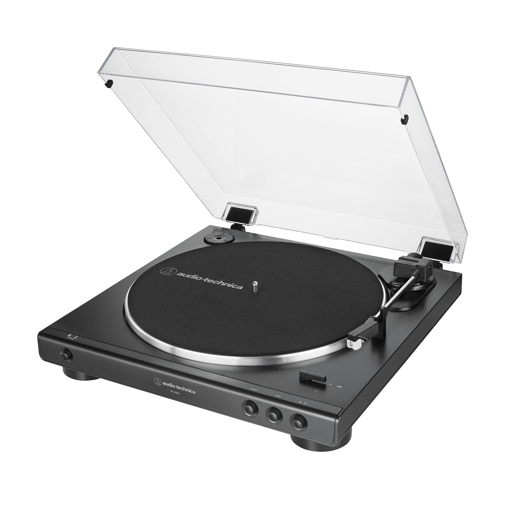 Fully automatic belt-drive turntable with open dust cover and black platter