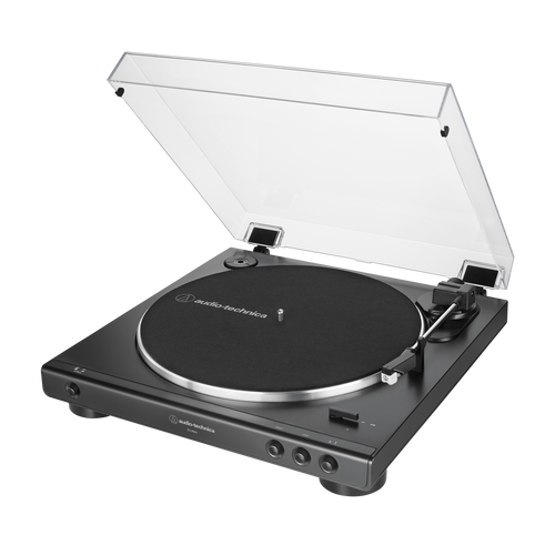 Fully automatic belt-drive turntable with open dust cover and black platter