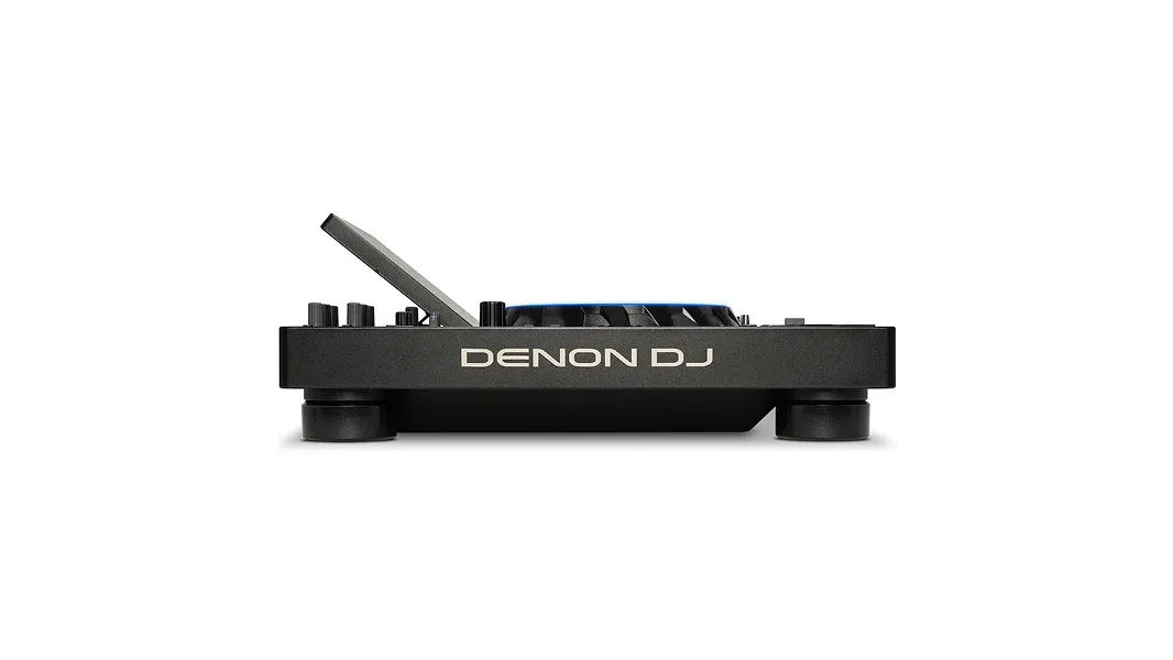 Denon DJ PRIME 4 G2 DJ controller side view with top controls and slim rear panel