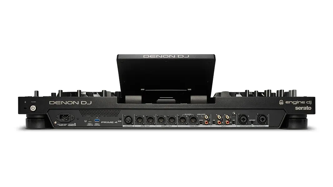 Denon DJ PRIME 4 G2 DJ controller rear panel with ports, knobs, and output connections