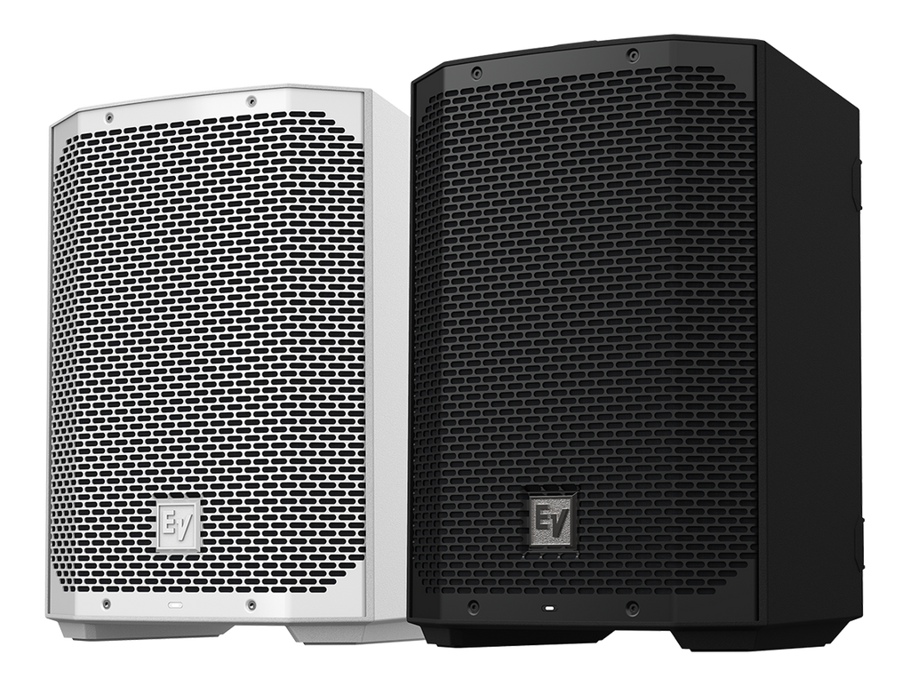 Weatherized portable loudspeaker, white and black, grille front view