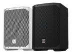 Weatherized portable loudspeaker, white and black, grille front view