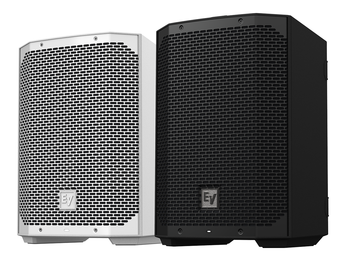Weatherized portable loudspeaker, white and black, grille front view