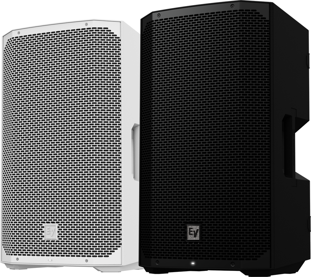 Weatherized loudspeaker with dual black and white cabinet mesh grilles, side-by-side.