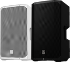 Weatherized loudspeaker with dual black and white cabinet mesh grilles, side-by-side.
