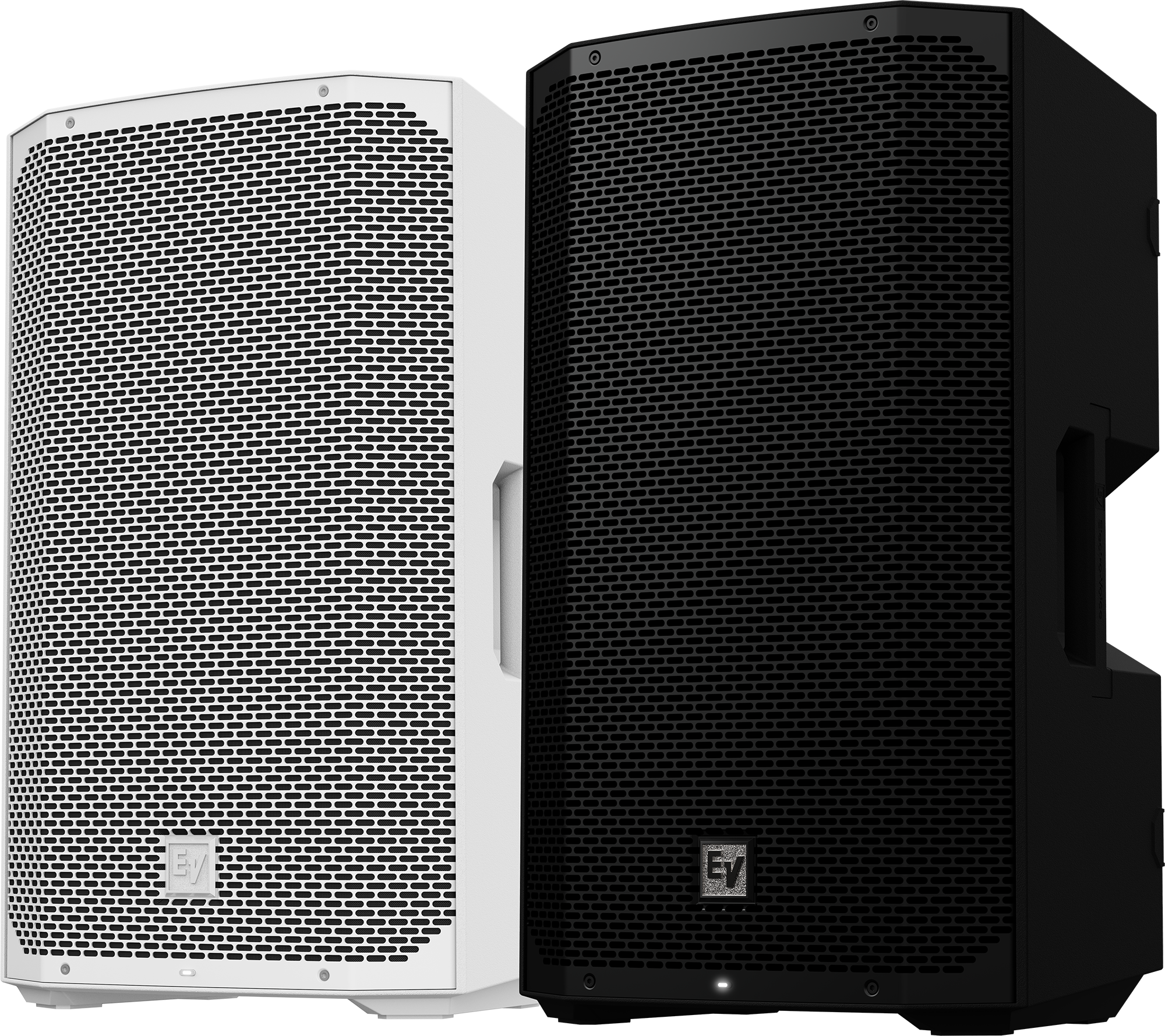 Weatherized loudspeaker with dual black and white cabinet mesh grilles, side-by-side.
