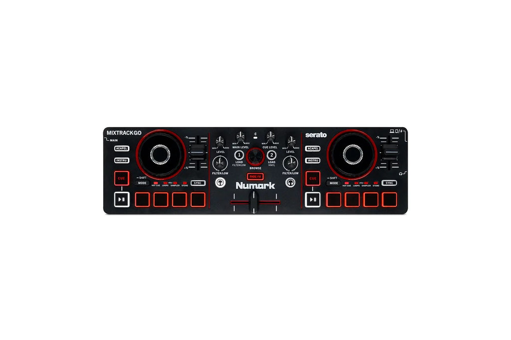 DJ mixer controller with two jog wheels, black body, and red backlit buttons