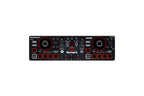DJ mixer controller with two jog wheels, black body, and red backlit buttons