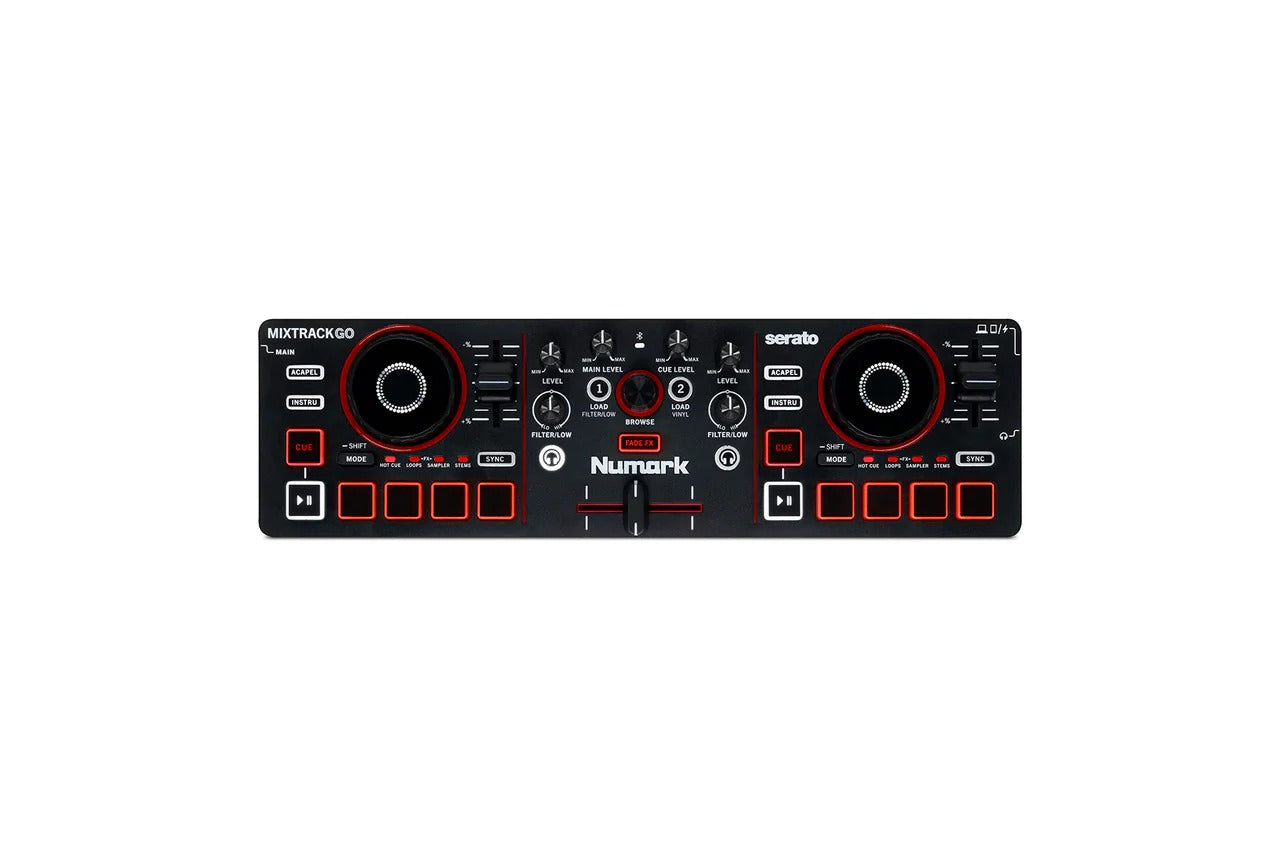 DJ mixer controller with two jog wheels, black body, and red backlit buttons