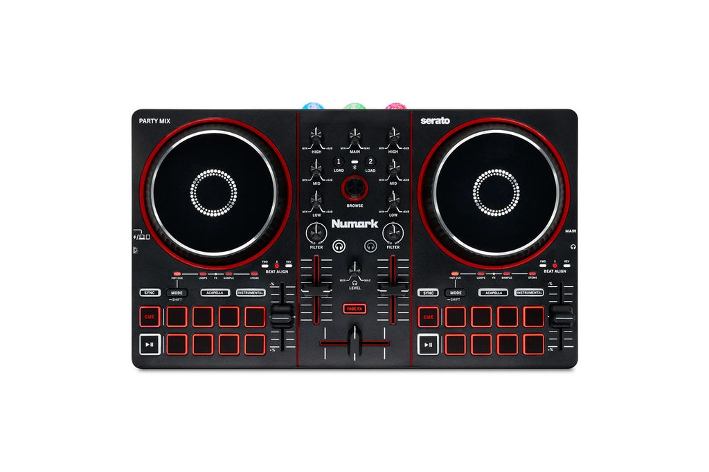 Numark DJ controller with two jog wheels, red buttons, and central faders