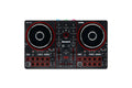 Numark DJ controller with two jog wheels, red buttons, and central faders