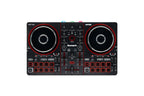 Numark DJ controller with two jog wheels, red buttons, and central faders
