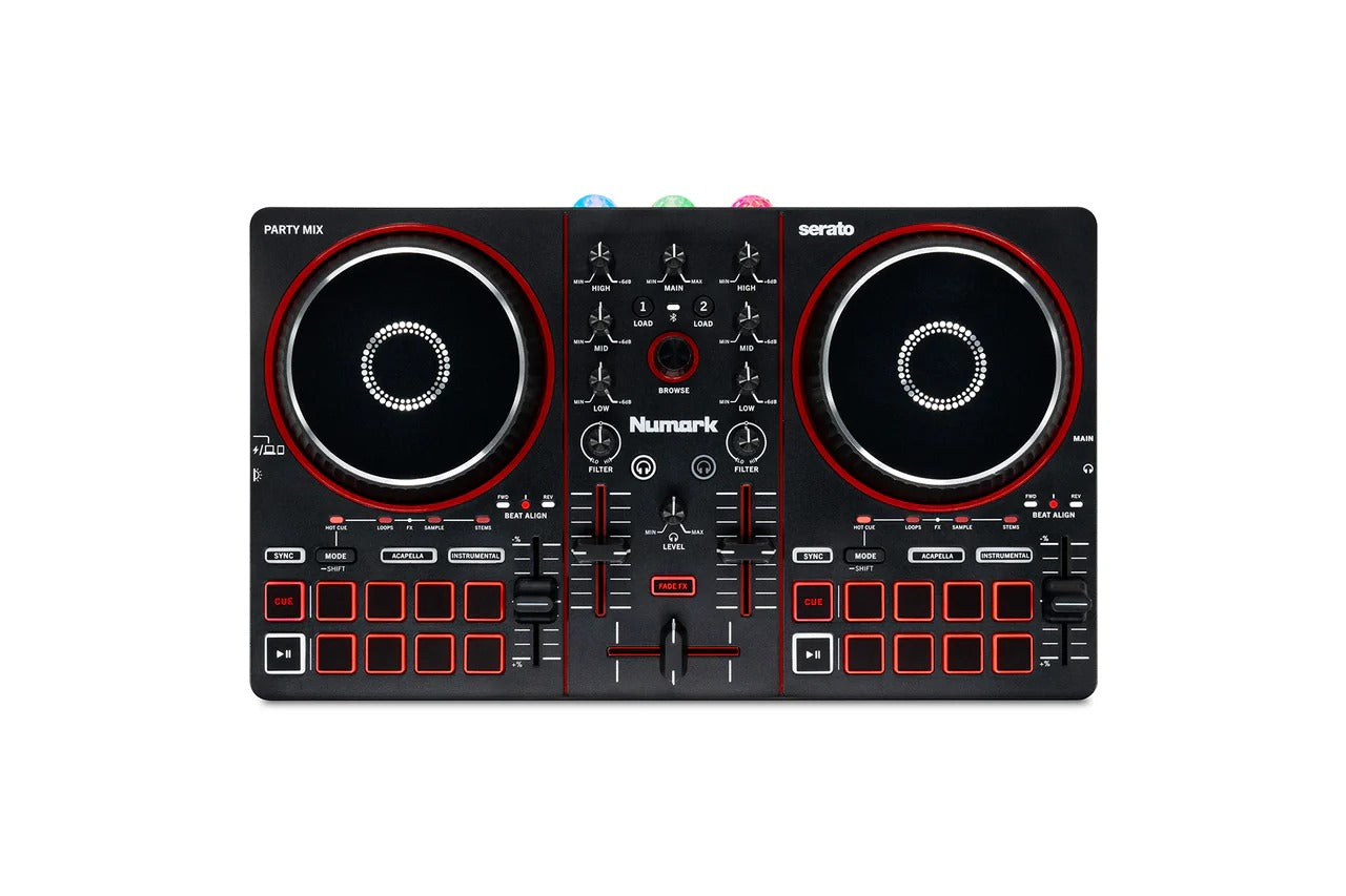 Numark DJ controller with two jog wheels, red buttons, and central faders