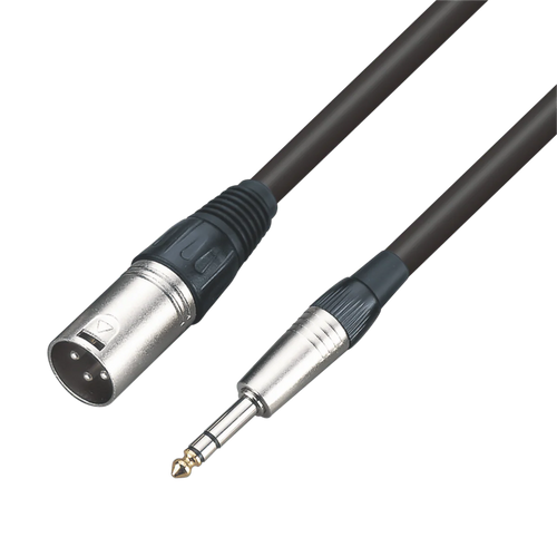 Black audio cable with XLR male and 1/4in TRS male connectors, silver metal ends.