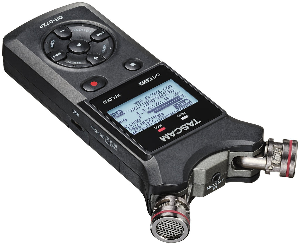 TASCAM DR-07XP handheld audio recorder with LCD screen and top mic assembly