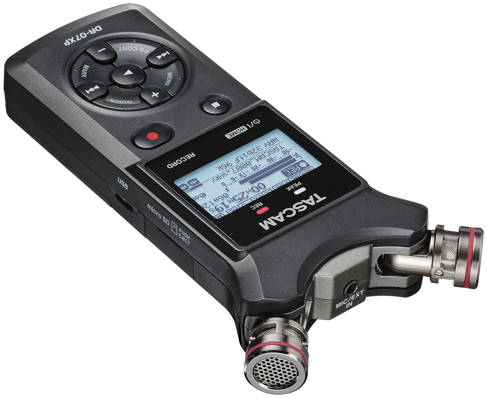 TASCAM DR-07XP handheld audio recorder with LCD screen and top mic assembly