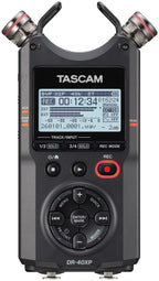 Portable recorder with TASCAM screen, record button, and two mic capsules, black body.