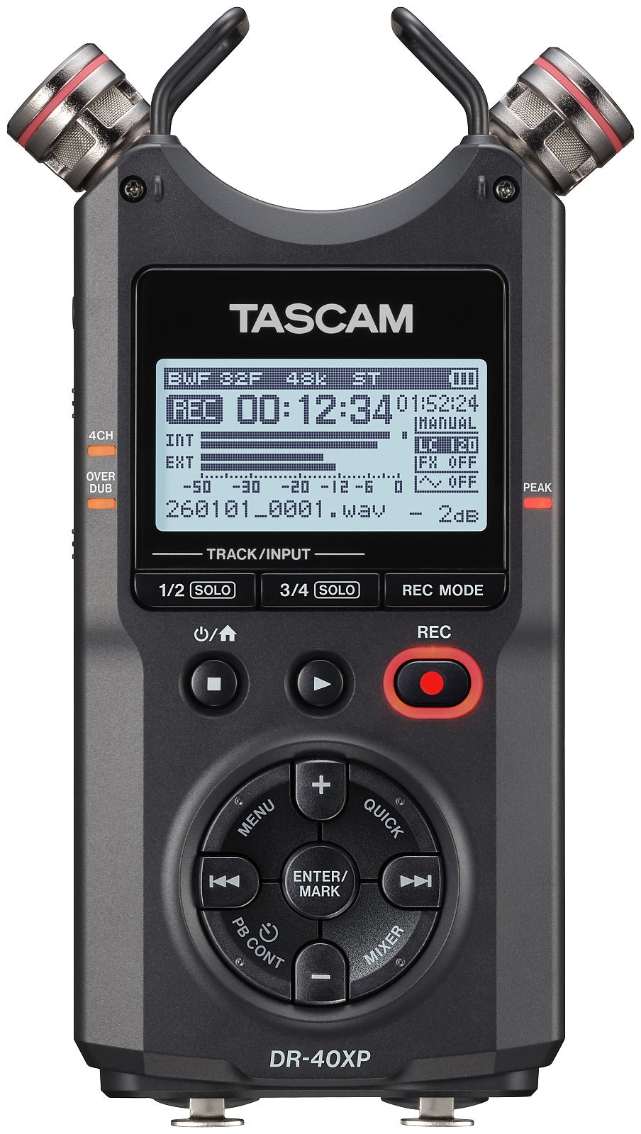 Portable recorder with TASCAM screen, record button, and two mic capsules, black body.
