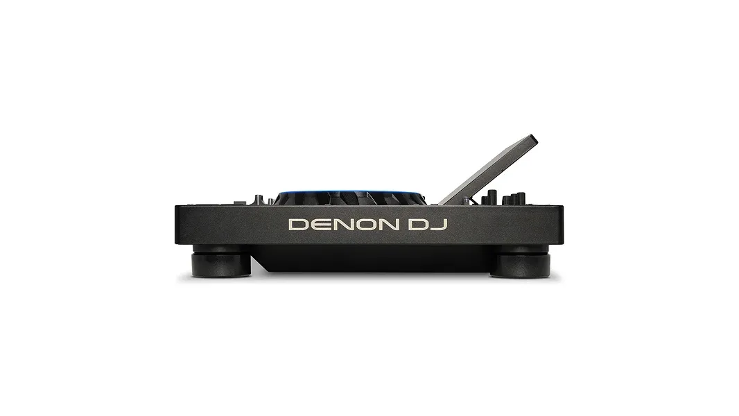 Denon DJ PRIME 4 G2 DJ controller side view with top display and raised controls