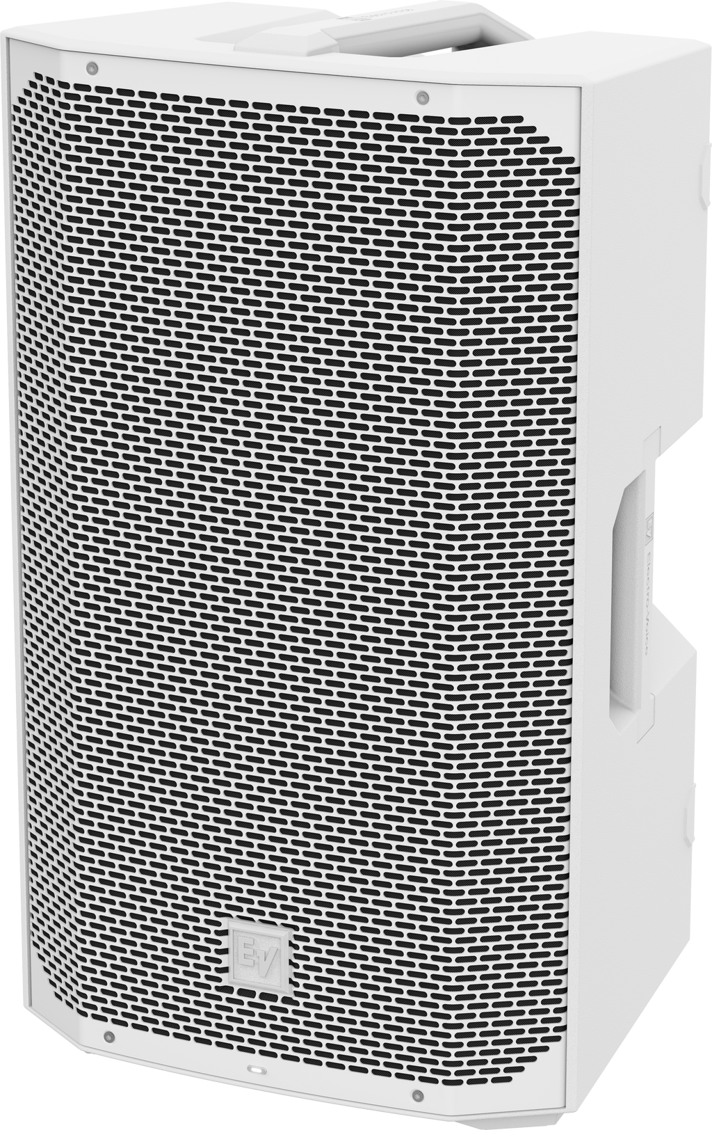 White weatherized loudspeaker with front metal mesh grille and side handle.