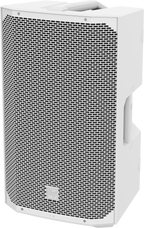 White weatherized loudspeaker with front metal mesh grille and side handle.