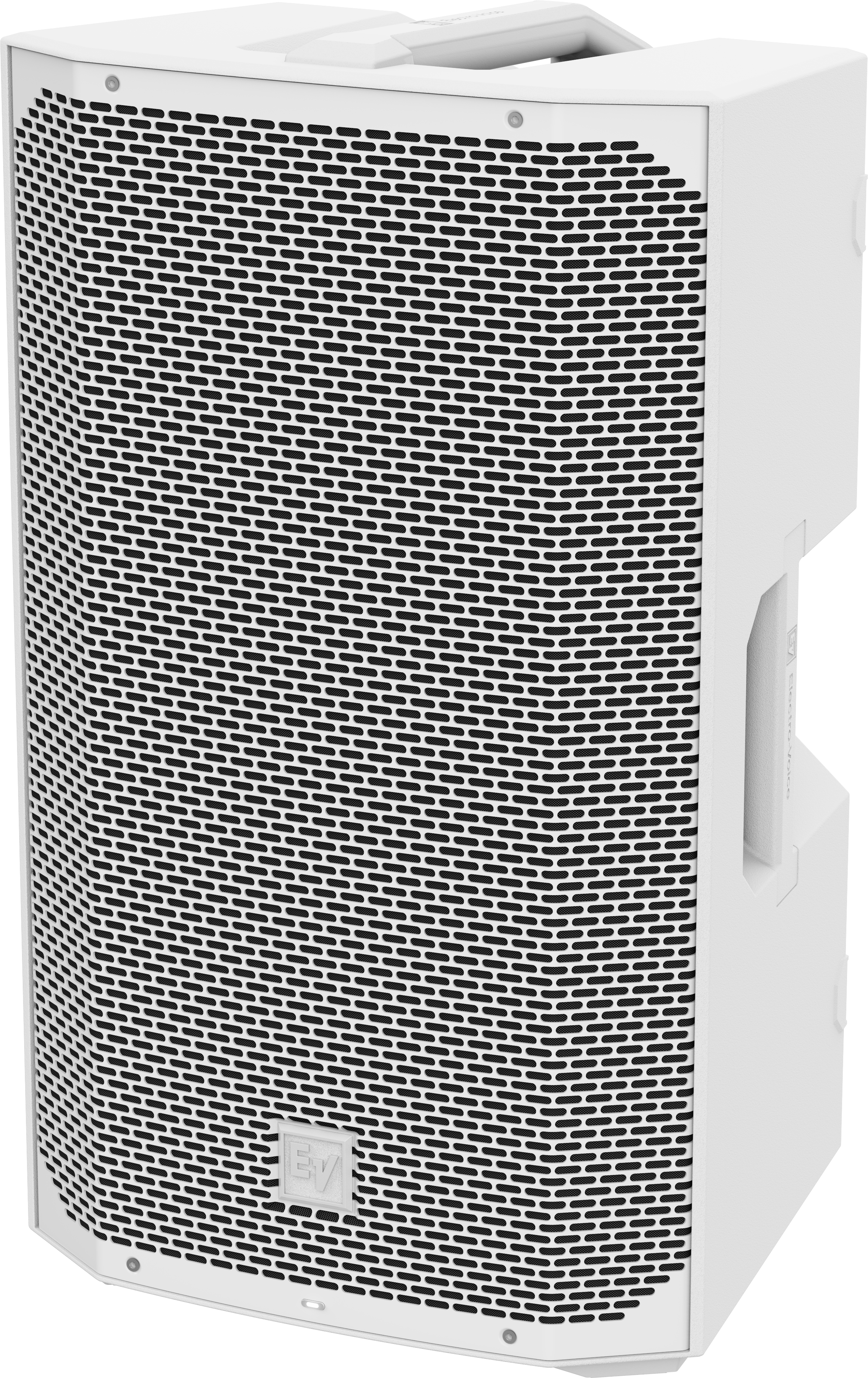 White weatherized loudspeaker with front metal mesh grille and side handle.