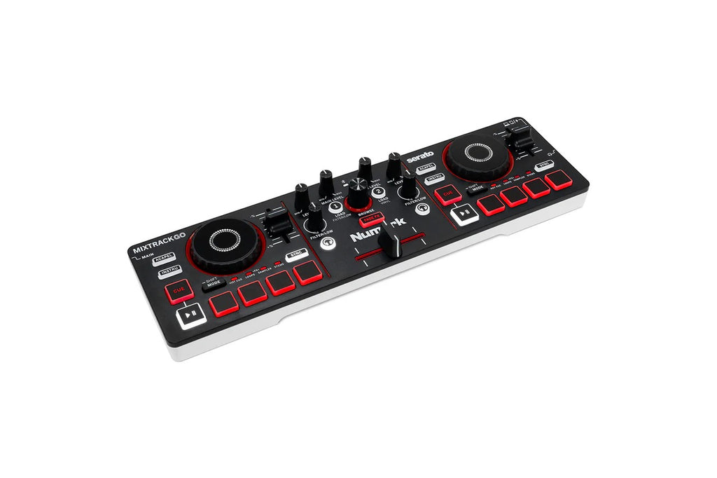 Portable DJ mixer controller with two jog wheels and red illuminated control pads