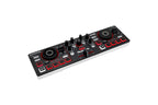 Portable DJ mixer controller with two jog wheels and red illuminated control pads