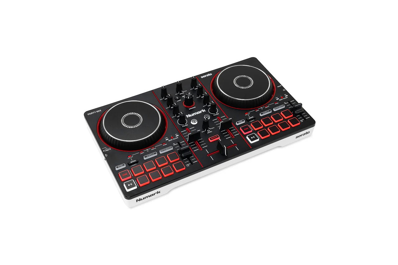 Numark DJ controller with two jog wheels, red pads, and mixer controls in black