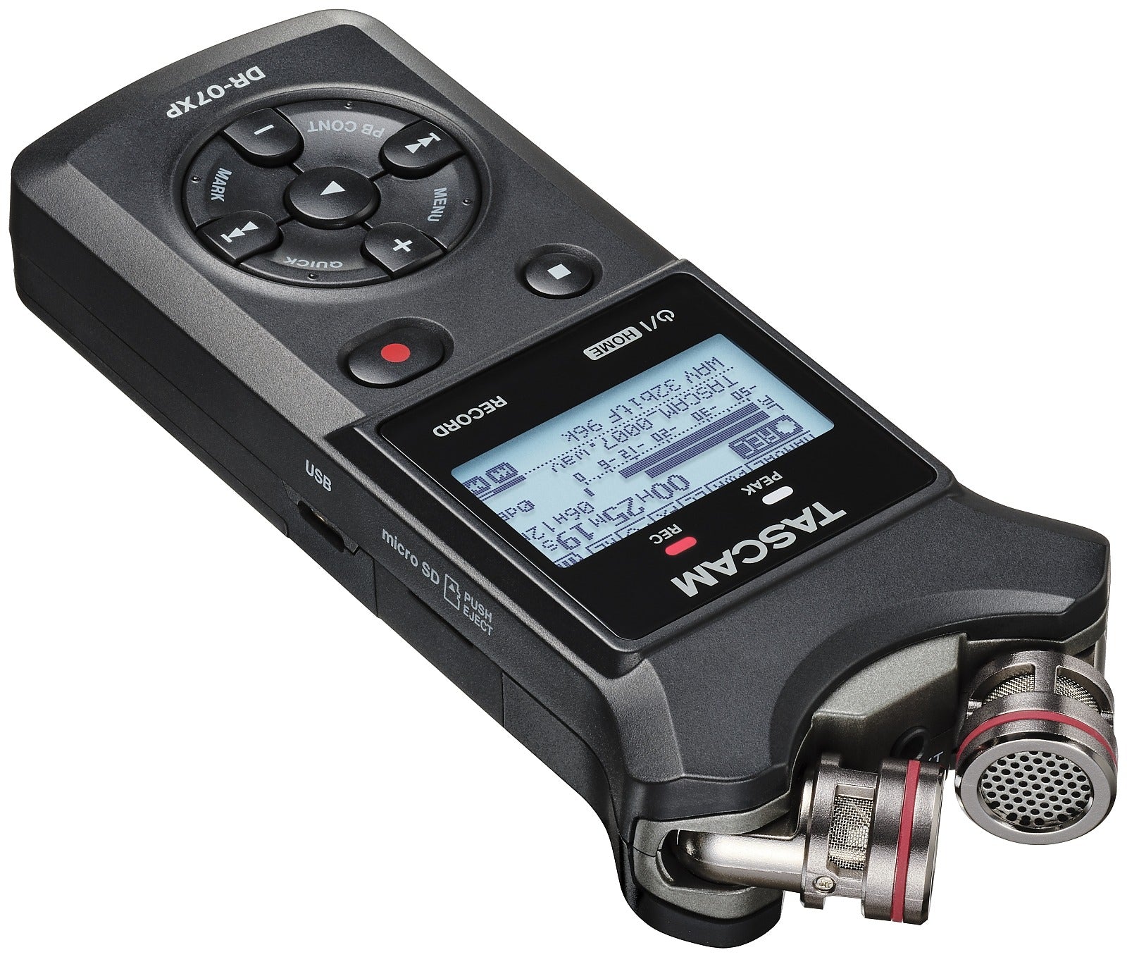 TASCAM DR-07XP handheld stereo recorder with LCD display and side controls