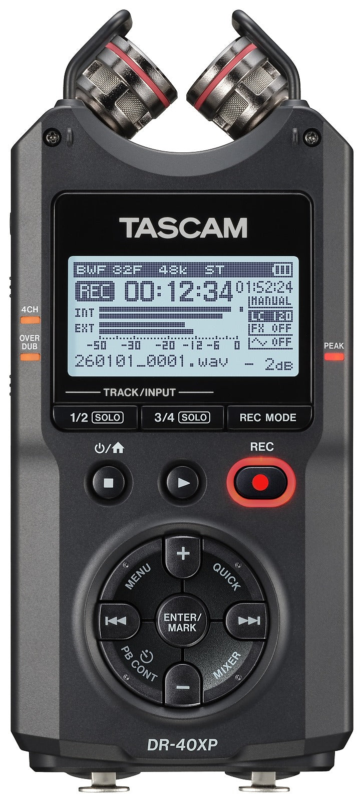 Portable recorder with two mic capsules, TASCAM screen, and round control dial, black.
